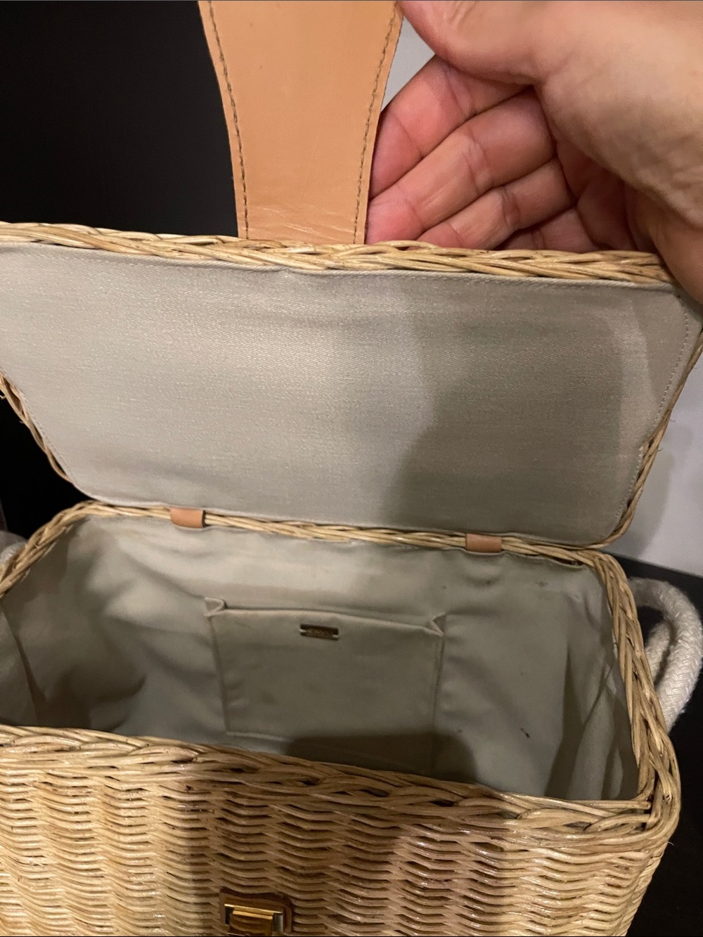 Woven Straw Tote Box Bag with Tan Leather Accent - Picture 7 of 11